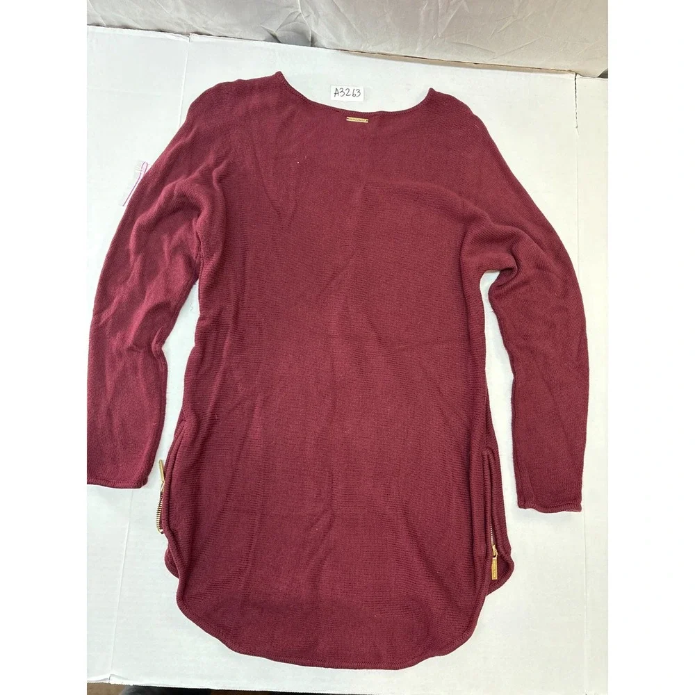 Michael Michael Kors Burgundy Knit Tunic Sweater Side Zippers Crew Neck Womens M